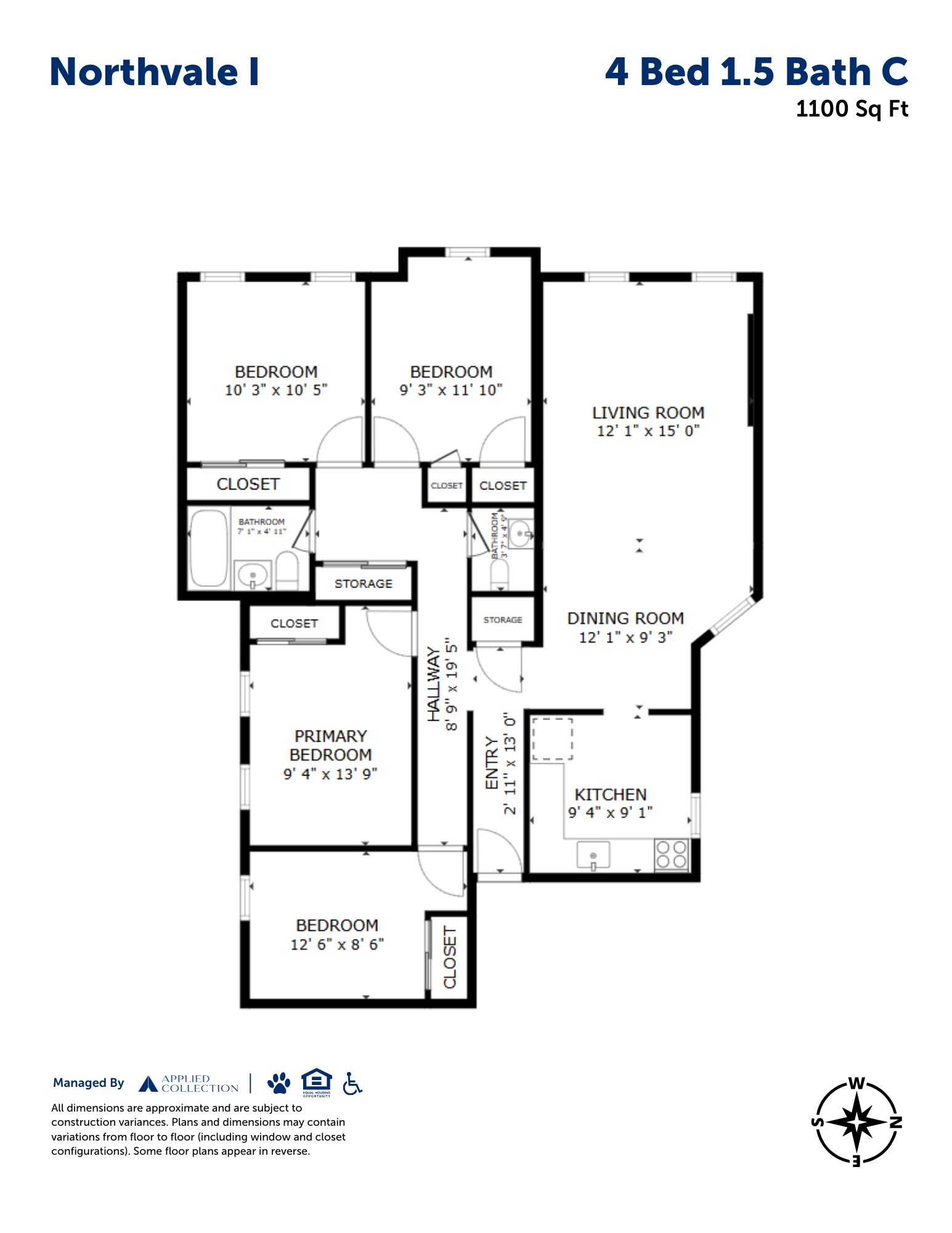 Floor plan for 4 beds, 1.5 baths, 1100 sqft